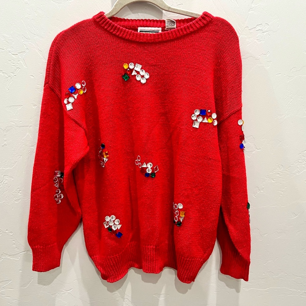 VTG Anytime Glitz 90s Red Knit Sweater Jewel Rhinestones Bling Sz Medium XMAS